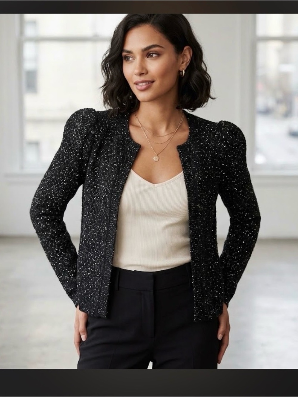 New $148 Express Womens black metallic puff sleeve cardigan sweater sz XS